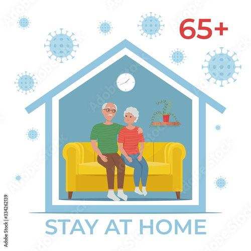 Stay home during the coronavirus epidemic. Elderly couple staying at home in self quarantine, protection from virus. Coronavirus outbreak concept. Vector illustration in flat style