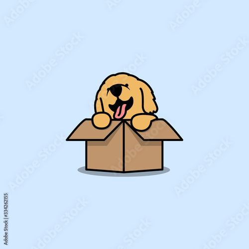 Cute golden retriever puppy in the box cartoon icon, vector illustration