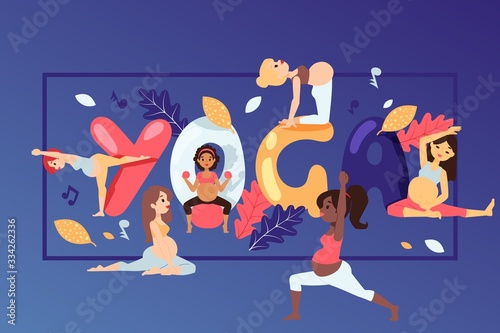 Pregnant women character, training, sport activity, flat vector illustration. Late gestation period fitness, healthy female. Group of womanhood practice yoga in different pose, children health.
