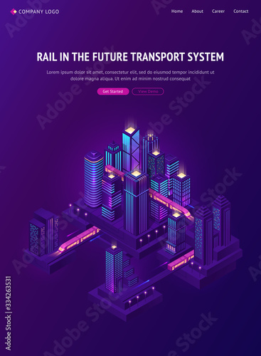 Rail train in future city transport system. Isometric futuristic town with skyscrapers, railway and subway train. Vector purple poster for company website, innovation in urban infrastructure
