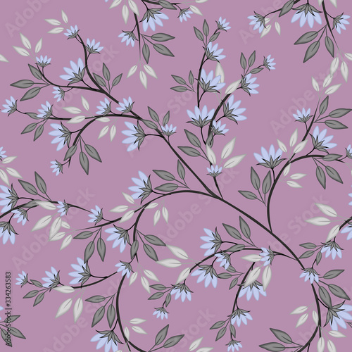 Vector seamless pattern with small flowers on branch. Liberty style floral wallpapers. Abstract botanical background  natural ornament. Lilac and blue color. Repeat design for tileable print  textile