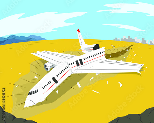 A passenger plane crashed on the ground in field. Vector illustration