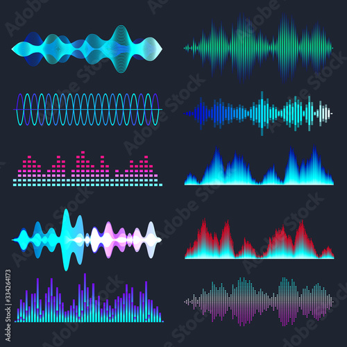 Colored sound waves collection. Analog and digital audio signal. Music equalizer. Interference voice recording. High frequency radio wave. Vector illustration.