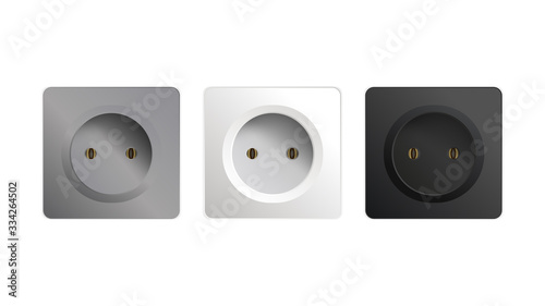 Set of sockets isolated on a white background. Realistic black, white and gray rosette. Interior design element. Vector illustration