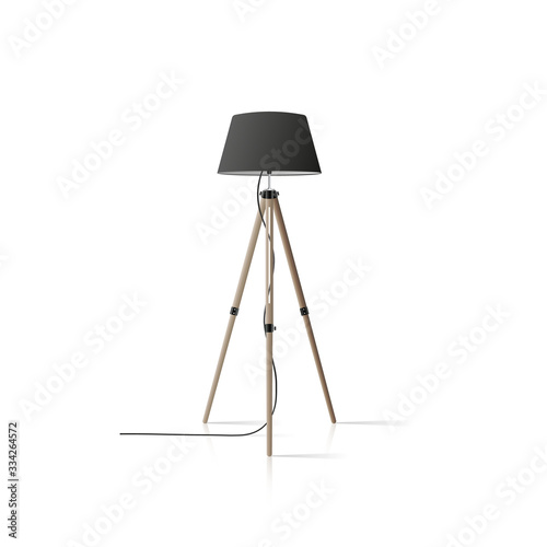 Decorative floor lamp tripod. Original model with black silk lampshade and wooden legs. For living room, bedroom, study and office. Vector illustration on a white background.