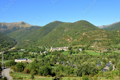 Pyrenees mountain landscape from the road that climbs to Buesa in the background Oto, Huesca province, Aragon, Spain