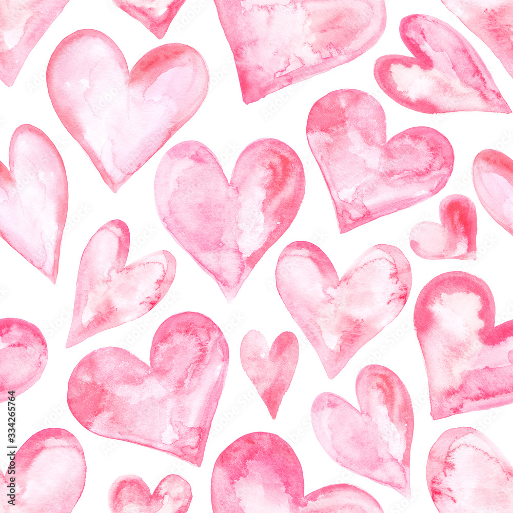Watercolor hand painted love hearts pattern, illustrated in pink ink and isolated for wedding invitations or Valentine's day card
