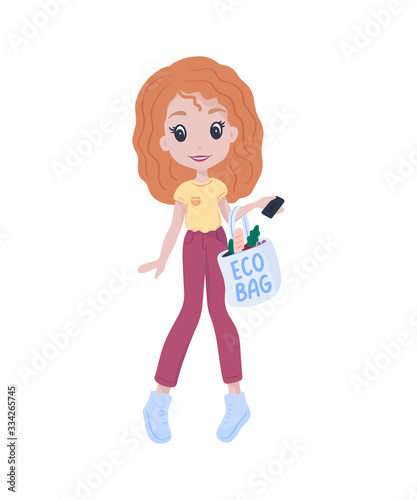 Girl is holding reusable eco bag with lettering quote. Cute female character. Caring for the environment. Shopping without waste. Isolated  flat design. Vector