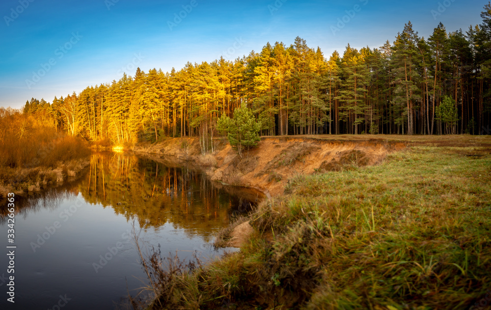 Spring landscape on river bank