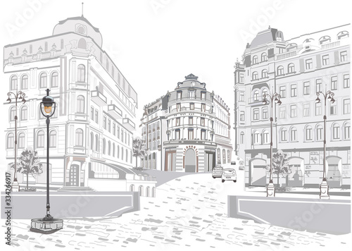 Series of street views in the old city. Hand drawn vector architectural background with historic buildings. Black & white sketch