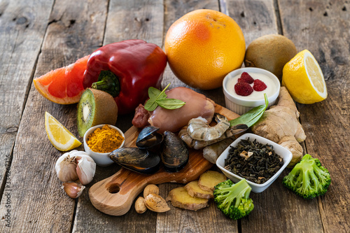 Selection of food to boost immune system - healthy  rich in vitamin and antioxidants  copy space