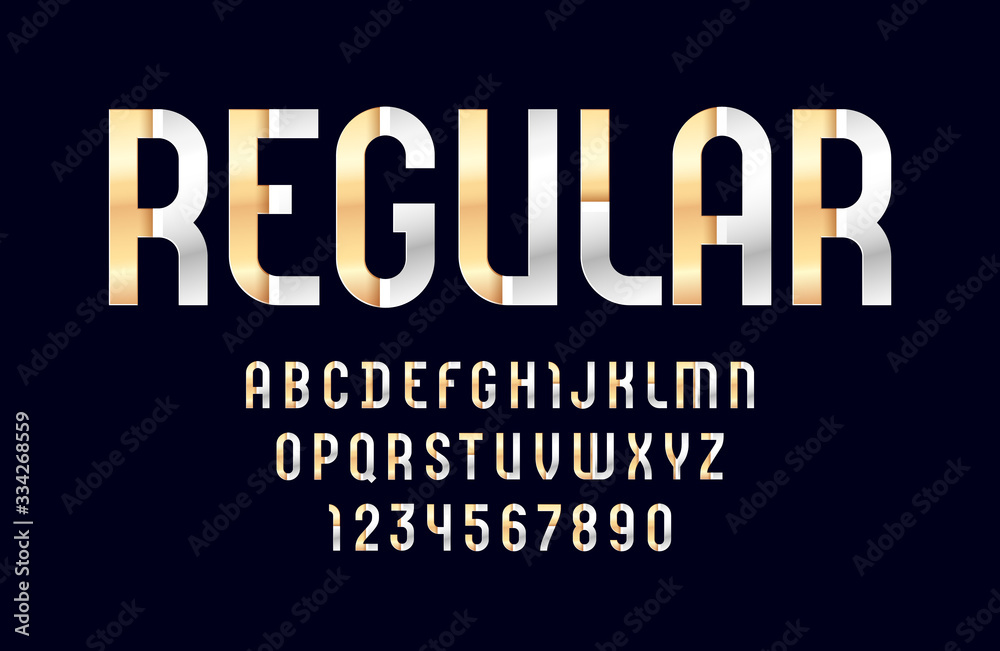 Hi-tech metallic font, bright modern alphabet, trendy letters and numbers made of silver and golden parts, vector illustration 10EPS