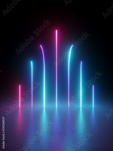 3d render, abstract vertical neon lines glowing in the dark. Laser rays virtual performance on the stage. Minimal geometric design.