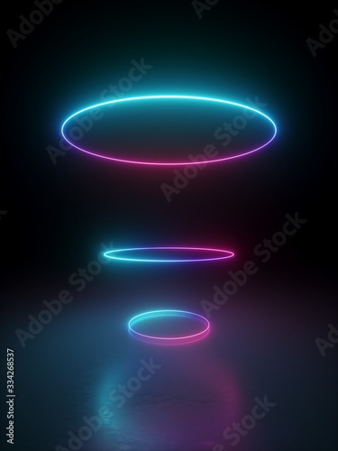 3d render, abstract geometric background with multiple rings over black, glowing lines, neon light gradient.