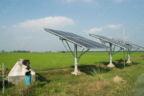 solar panels produce electric which can run submerge water pump for irrigation of water in agricultural field