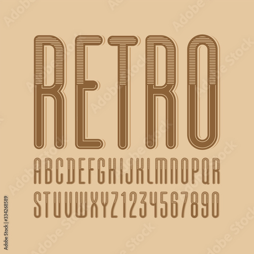 Ultra high font of retro style, old alphabet sans serif with striped effect, rounded letters from A to Z and numbers from 0 to 9 for you designs, vector illustration 10EPS