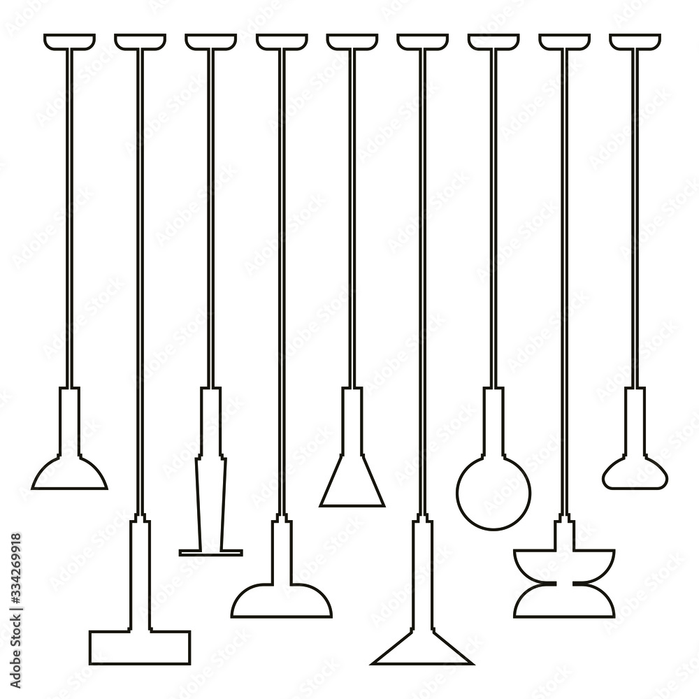 Naklejka premium Interior furniture icons. Ceiling lamp icon set. Silhouette ceiling lamps light for home appliance indoor furniture. Vector stock illustration of pendants. Black vector lamps isolated on white.