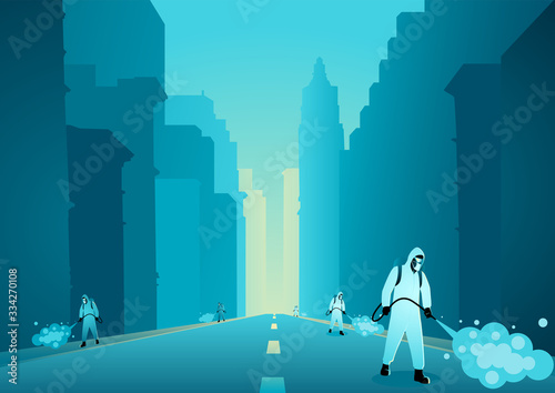 Man in protective suit spraying disinfectant in empty city