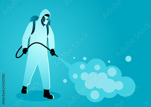 Man in protective suit spraying disinfectant to cleaning and disinfect virus