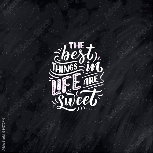 Funny saying, inspirational quote for cafe or bakery print. Embossed tape and brush calligraphy. Dessert lettering slogan in hand drawn style. Vector