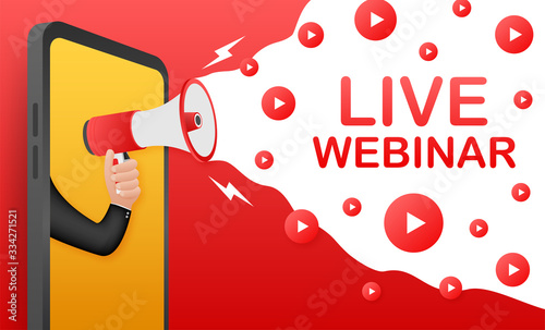 Live webinar, megaphone no smartphone screen. Can be used for business concept. Vector stock illustration.
