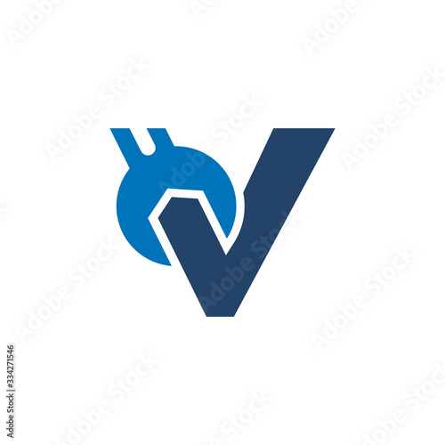Letter V Wrench Logo Design. Handyman Repair Service. Technology Construction Industry Vector Icon