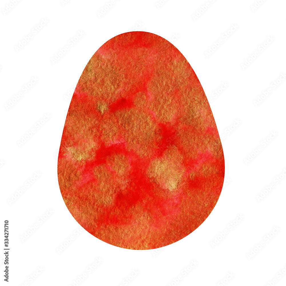 Watercolor red and gold Easter egg. Red oval background. Colorful element for Happy Easter. Hand drawn egg illustration on white background isolated Watercolor red and gold Easter egg. Red oval background. Colorful element for Happy Easter. Hand drawn egg illustration on white background isolated