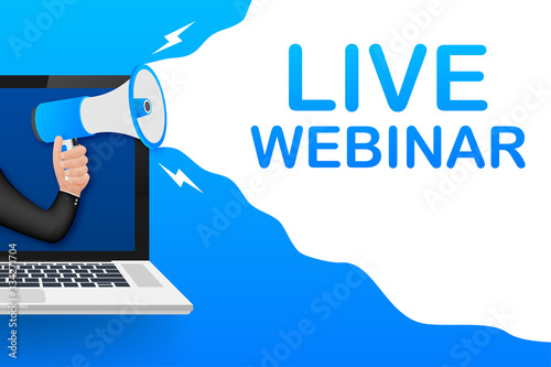 Live webinar, megaphone no laptop screen. Can be used for business concept. Vector stock illustration.