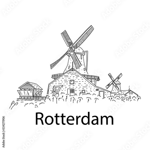 Dutch windmills in Rotterdam, vector illustration.