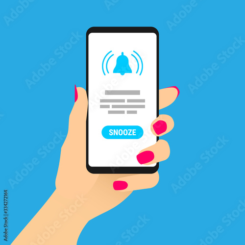 Female hand hold smartphone with alert message on screen. Woman showing cell phone with bell alarm icon on display. Mobile touch screen gadget in womans arm. Flat design vector EPS8 illustration.