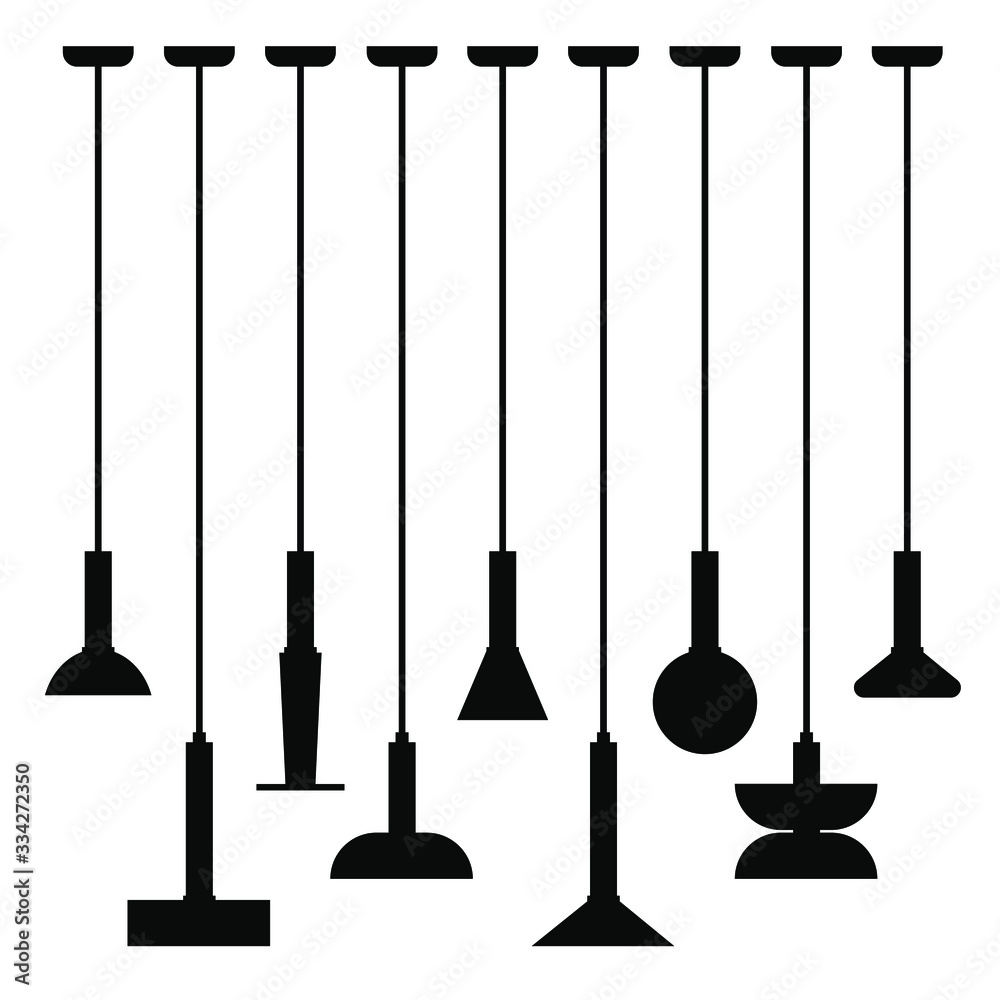 Naklejka premium Interior furniture icons. Ceiling lamp icon set. Silhouette ceiling lamps light for home appliance indoor furniture. Black lamps isolated on white background. Modern black pendants for interiors.
