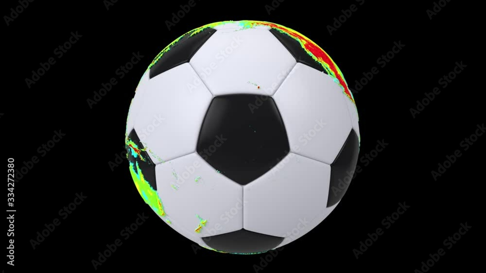 Realistic soccer ball isolated on black screen. 3d seamless looping animation. Detailed multicolor world map on black and white soccer ball. Realistic soccer ball isolated on black screen. 3d seamless looping animation. Detailed multicolor world map on black and white soccer ball.