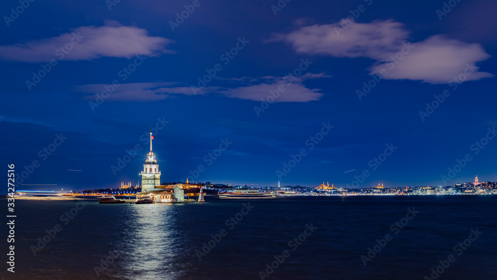 Maiden Tower at Night, Blue Sky - Istanbul , Turkey - Kiz Kulesi / Leander's Tower / Tower of Leandros - Uskudar, Bosphorus