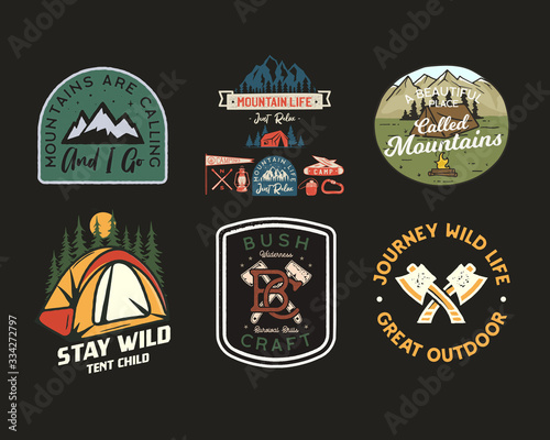 Vintage camp patches logos, mountain badges set. Hand drawn stickers designs bundle. Travel expedition, backpacking labels. Outdoor adventure emblems. Logotypes collection. Stock vector.