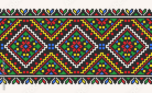 embroidered good like old handmade cross-stitch ethnic Ukraine pattern. Ukrainian towel with ornament