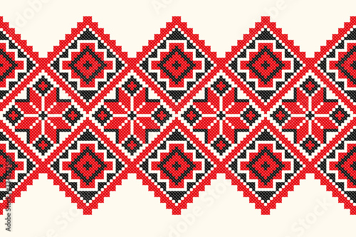 embroidered good like old handmade cross-stitch ethnic Ukraine pattern. Ukrainian towel with ornament