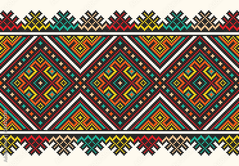 embroidered good like old handmade cross-stitch ethnic Ukraine pattern. Ukrainian towel with ornament