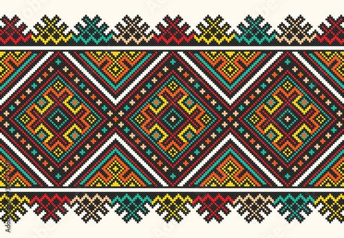 embroidered good like old handmade cross-stitch ethnic Ukraine pattern. Ukrainian towel with ornament