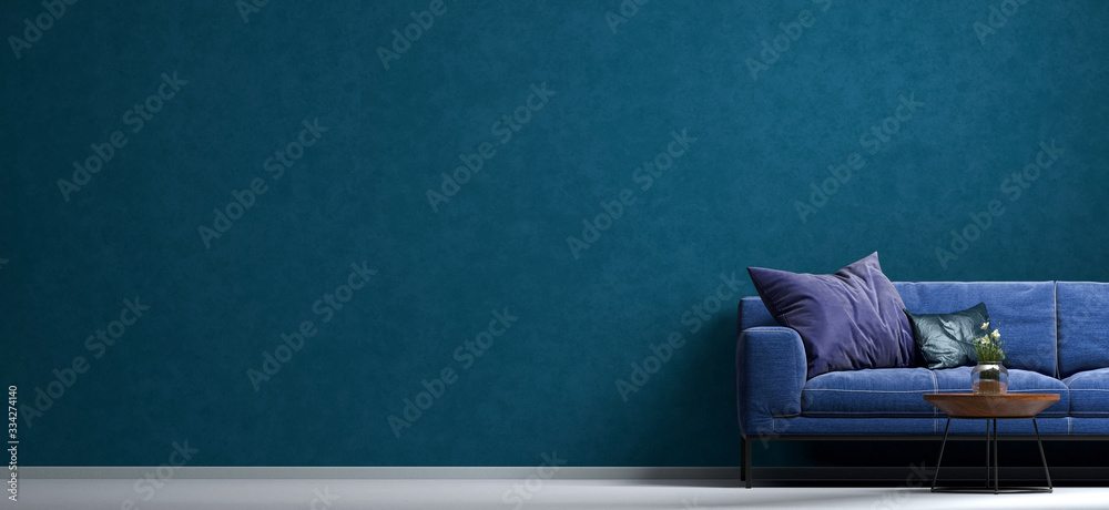 Home interior mock-up with blue sofa, wooden table in living room. Modern decor space. Lounge concept rendering. Colour wall background. 3d. Illustration.  - obrazy, fototapety, plakaty 