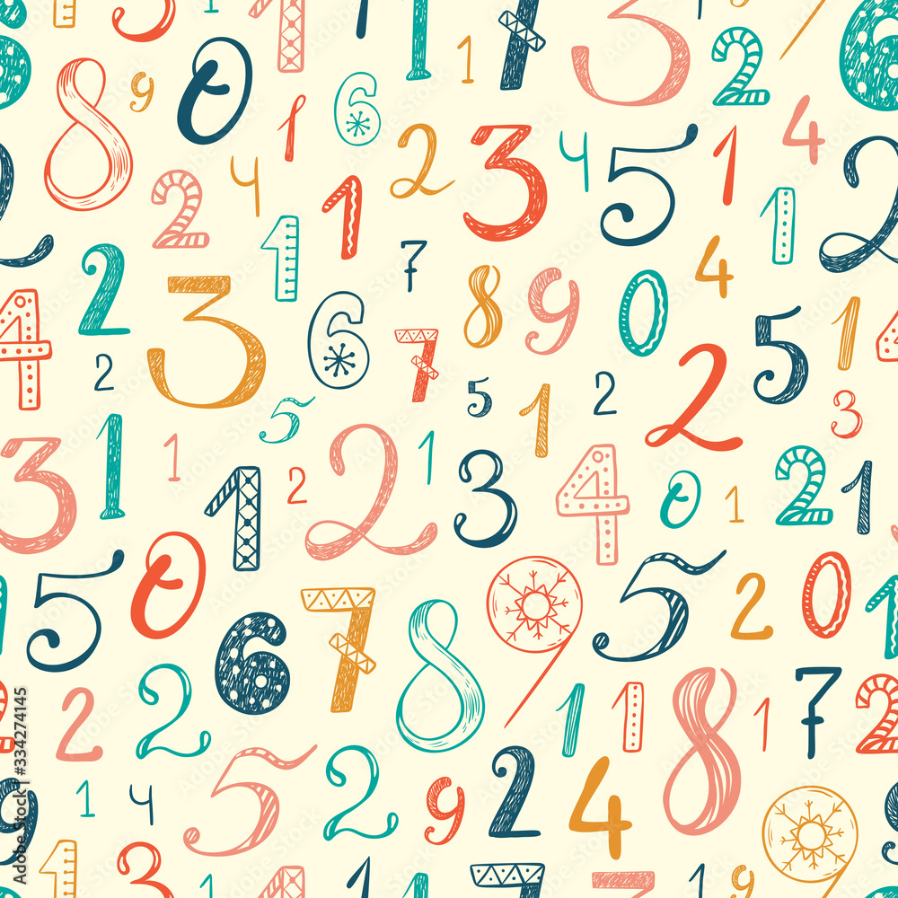 Hand drawn cartoon doodle Number seamless pattern. Colorful Latin alphabet numbers from 0 to 9 with different patterns. Mathematical background for kids. Back to school. Vector illustration Hand drawn cartoon doodle Number seamless pattern. Colorful Latin alphabet numbers from 0 to 9 with different patterns. Mathematical background for kids. Back to school. Vector illustration