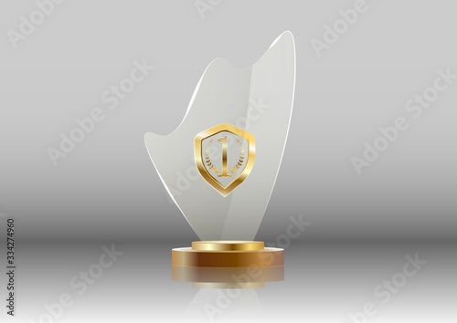 Glass shining Golden trophy. With the Golden sign first.