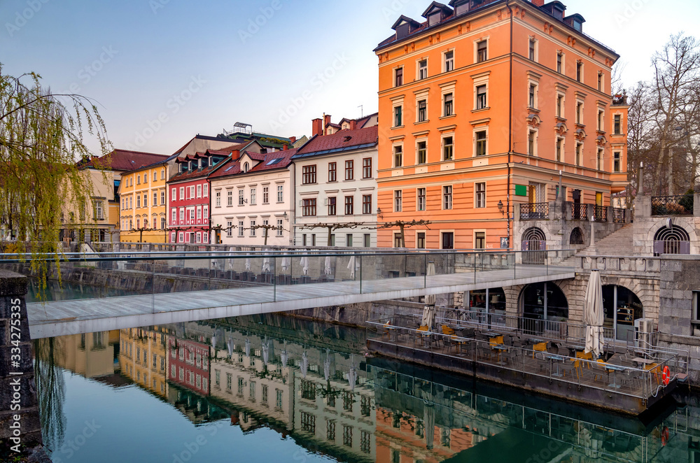 Beautiful view of Ljubljana Fishmarket footbridge and old city center,  Ljubljana, Slovenia