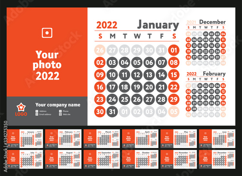 2022 calendar. New year planner design. English calender. Red color vector template. Week starts on Sunday. Business planning.