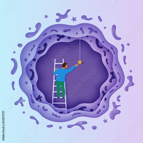 Man on a ladder to pick the star above cloud and moon in paper cut style. Papercut businessman climbing on ladder and trying to catch dream star. Follow your dreams vector motivational poster concept