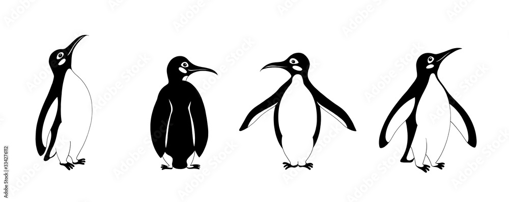 Fototapeta premium Collection of funny penguins hand drawing with black ink on a white background