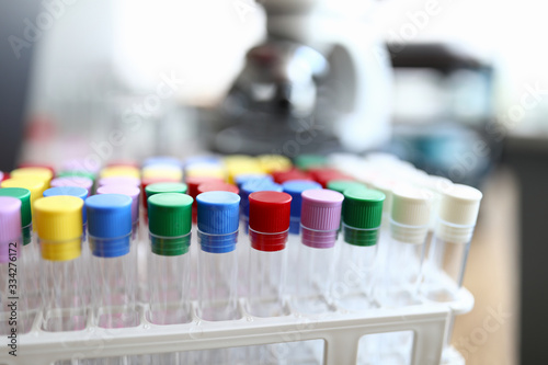 Test tubes with colored caps are in laboratory. Test results for coronavirus. Virological laboratory. Adapted for special experiments and research. Analytical or sanitary stations