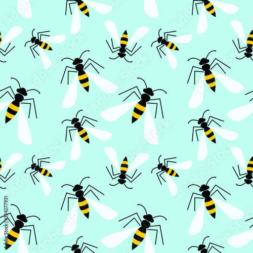 Seamless vector pattern with insects, symmetrical background with closeup yellow wasps on the light backdrop