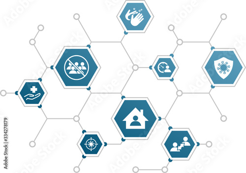 Social distancing vector illustration. Concept with connected icons related to quarantine, isolation, lockdown or travel restriction during the corona virus outbreak.