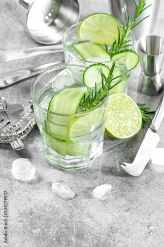 Fresh drink cucumber lime ice rosemary Cold summer lemonade