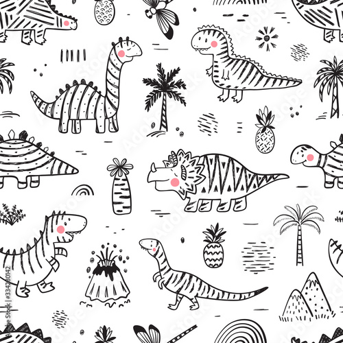 Cartoon Dinosaur Vector Seamless pattern for kids fashion. Childish Background with Hand drawn doodle Striped Cute Dinosaurs